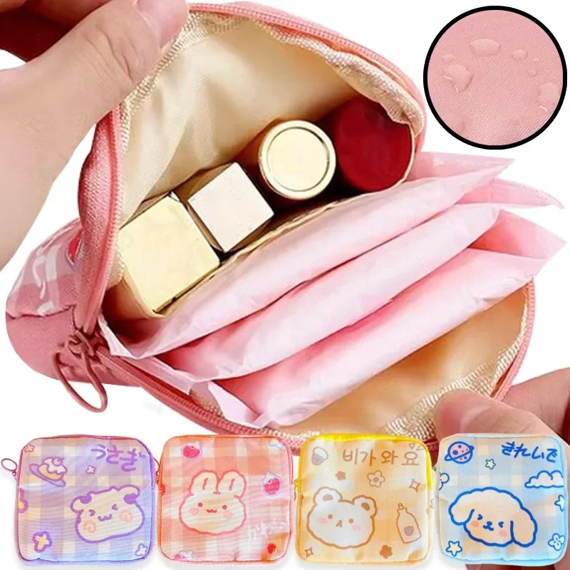 Sanitary Towel Storage Bag Cartoon Rabbit Dog Pattern Handbag Cute Small Animal Square Pouch Light Zipper Opening Cosmetic Bags