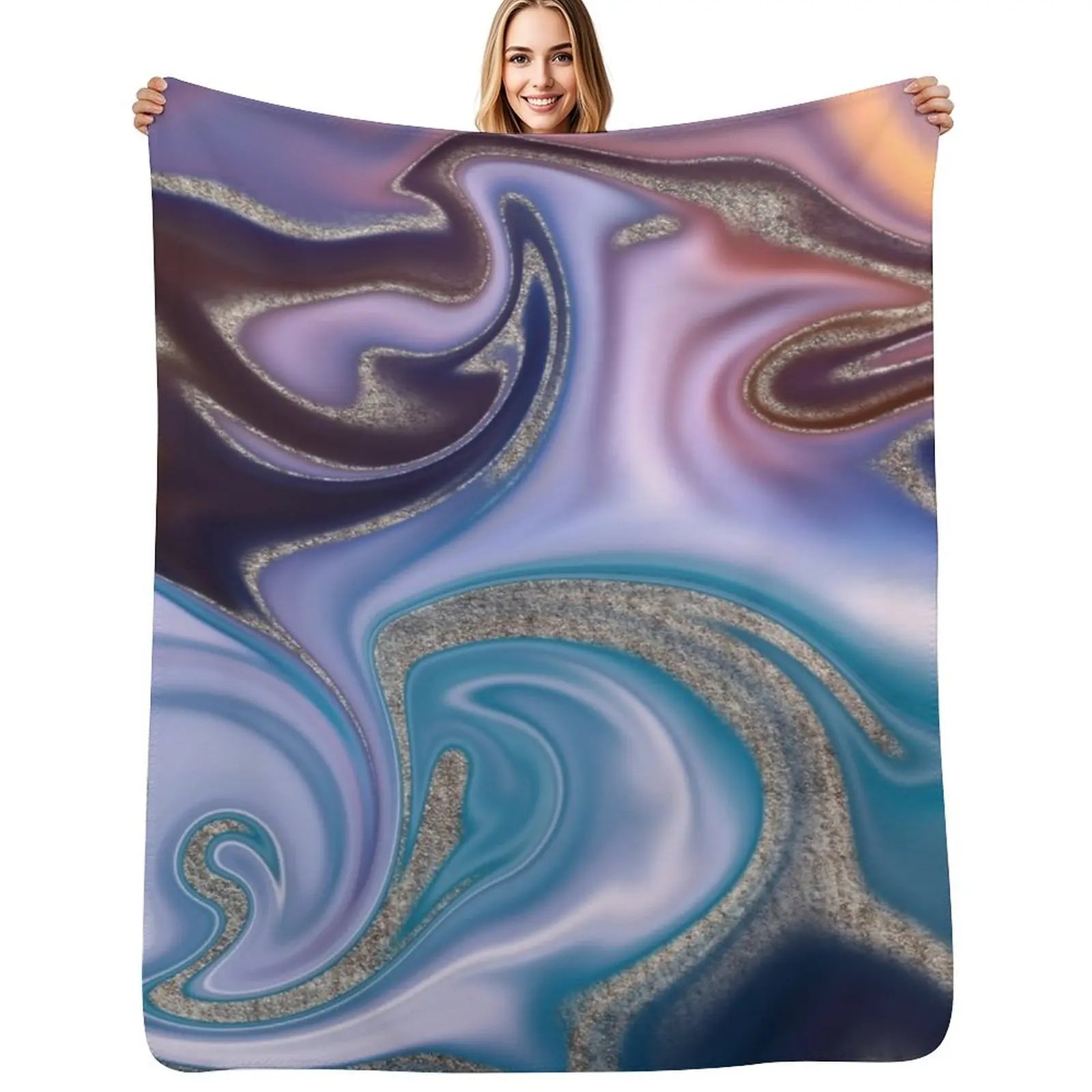 Liquid Blue And Copper Faux Marble Texture Throw Blanket Luxurious Soft Fuzzy Blanket for Sofa Bed