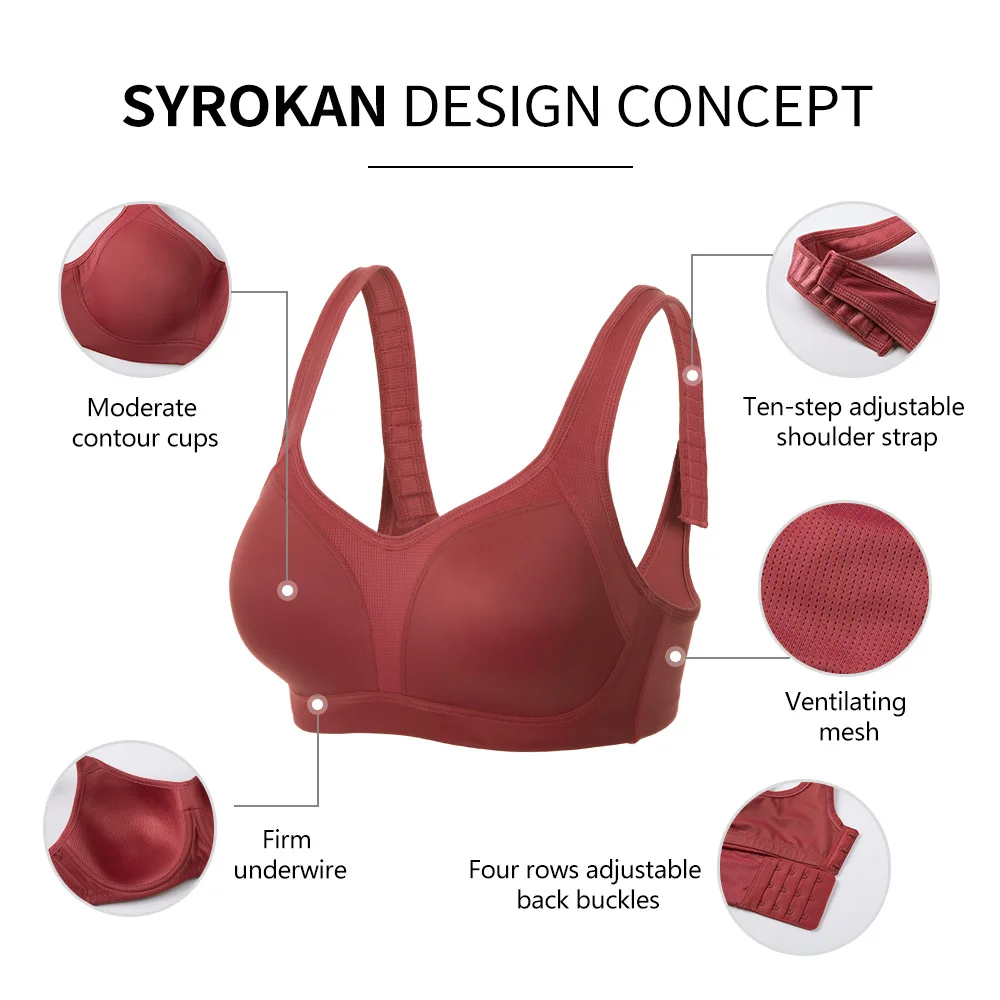 SYROKAN Sports Bra Women Underwire Firm Support Contour High Impact Workout Shockproof Lady  Bra Underwear Bralette Tops Running