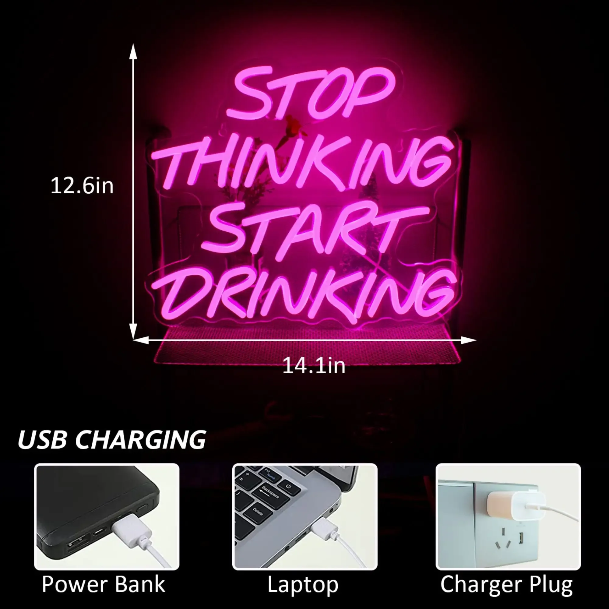 Stop Thinking Start Drinking Neon Light Signs for Wall Decor USB Powered Led Neon Sign for Home Bar/Party/Club/Pub Decor