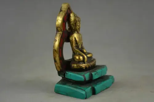 Rare Old Copper & Turquoise Carving A Tibet Buddha Prayer Peace Showily Statue