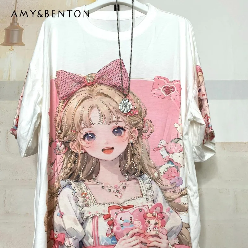 

Summer Heavy Industry Girl Printed Tees Heavy Industry Beads Pullovers Loose Three-Dimensional T-shirt Women's Short-Sleeved Top