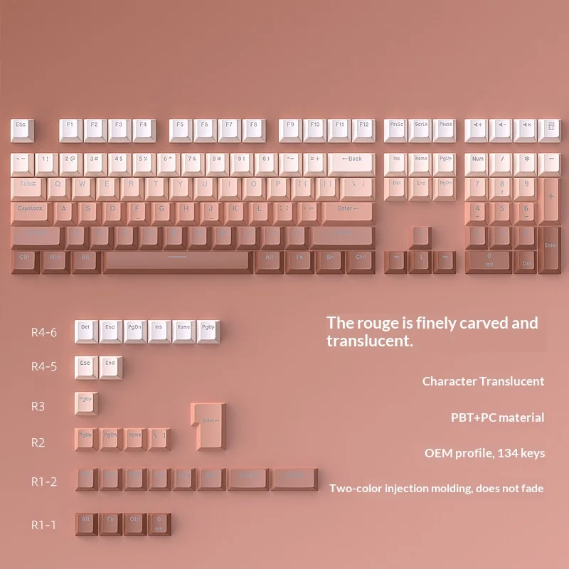 Rouge gradient positive engraved luminous 134 key mechanical keycap PBT two-color injection molding 0EM height