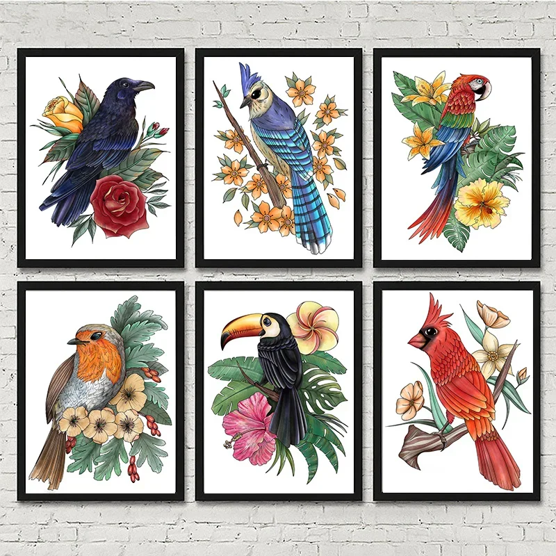 Botanical Watercolor Birds Toucan Tropical Bird Poster Prints Jungle Theme Animals Wall Art for Living Room Home Decor