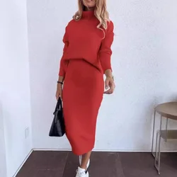 Casual Two Piece Set Women Outfit Autumn Long Sleeve Mock Neck Sweatshirt & Fashion New High Waist Skirt Set