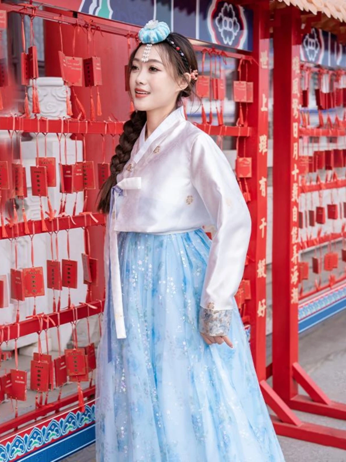 الهانبوك النسائي الكوري التقليدي مع الترتر الأزرق زي قديم لزي أداء الرقص الشاش من الجنسية الكورية #2