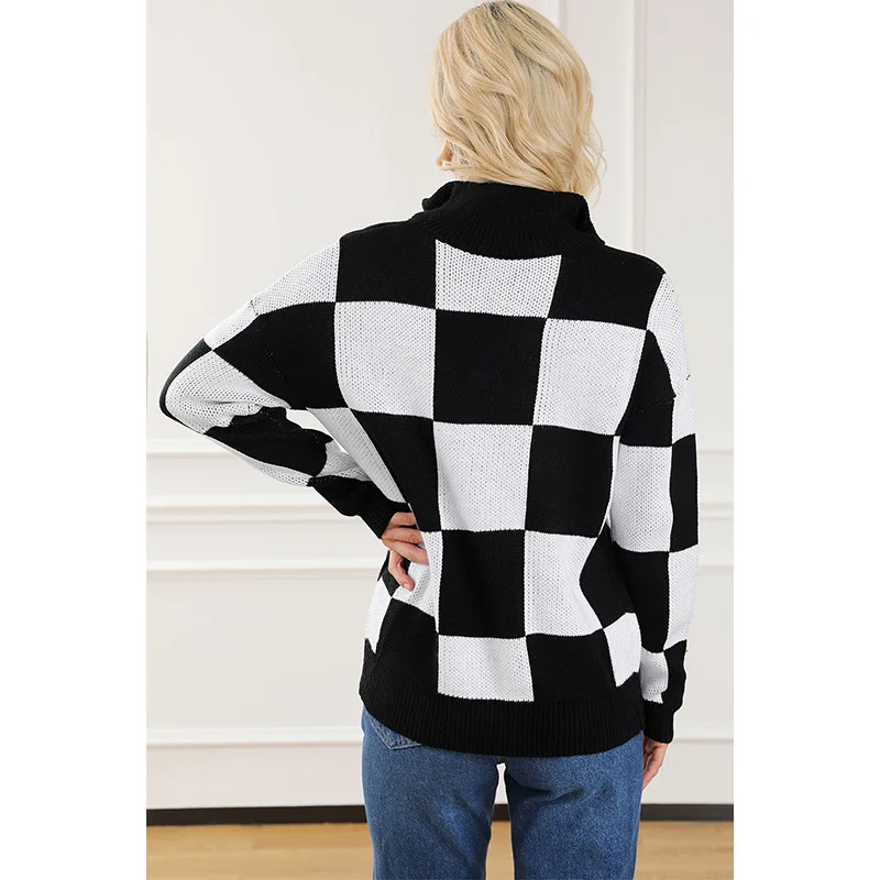 2024 Autumn Women's Plaid Oversized Pullover Sweater with Zipper and Turn-down Collar Casual Knit Top