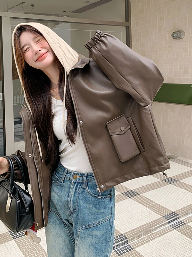 カラーブロフード付きPUレザージャケット女性用ort Sle秋の新作ファイオン小さいサイズアンチエイジングレザーコート