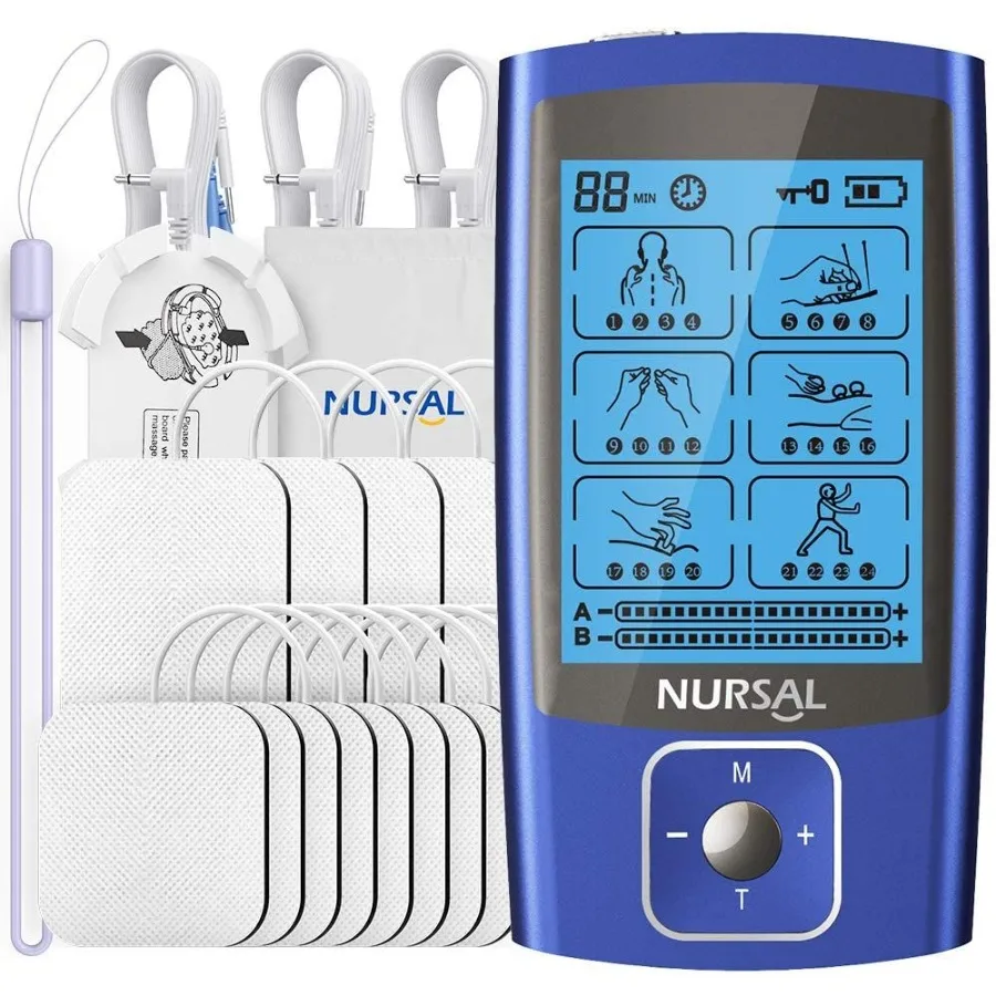 

NURSAL 24 Modes Dual Channel TENS EMS Unit Muscle Stimulator for Pain Relief Therapy 12 Pcs Electrode Pads