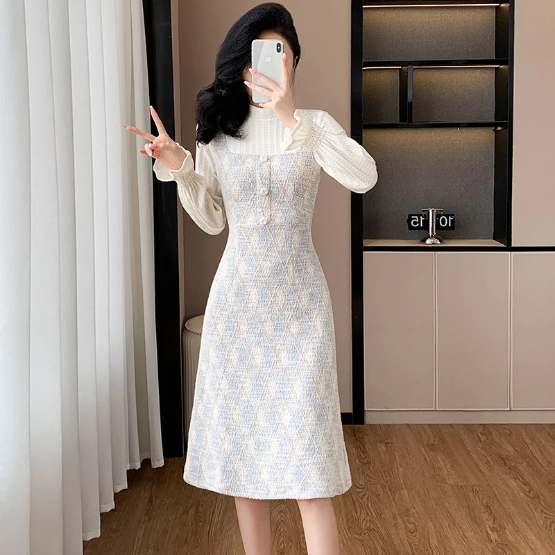 Elegant Casual Autumn Winter Midi Dresses 2024 Fall New French Slim Fake Two Pieces Splicing Tweed Long Sleeves Women\'s Clothes