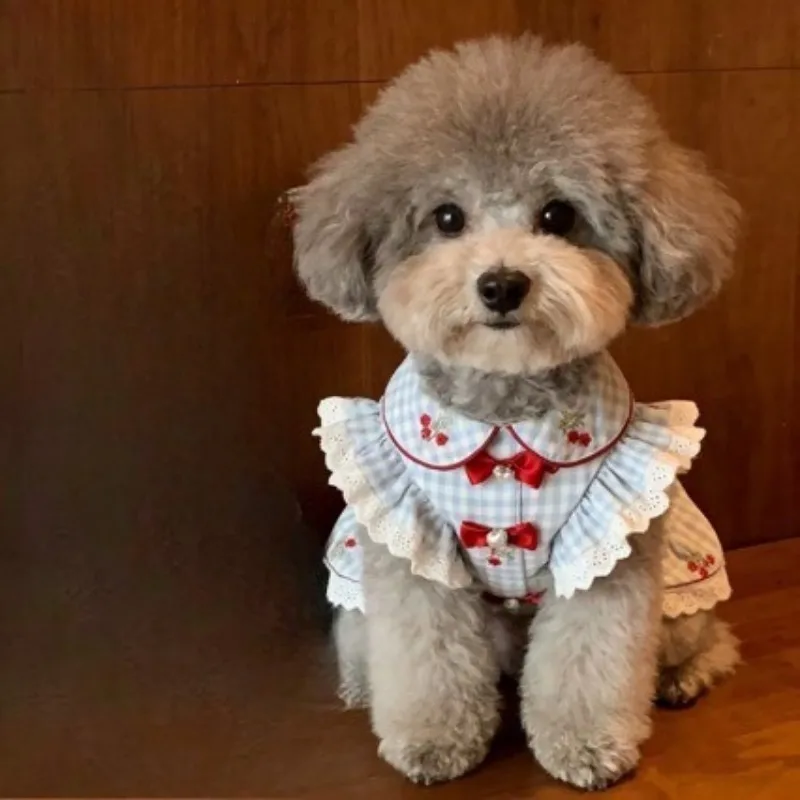Pet Cute Embroidered Collar Tank Top Plaid Lace Flying Sleeves Dog Cat Princess Skirt Dog Clothes for Small Dogs view 3