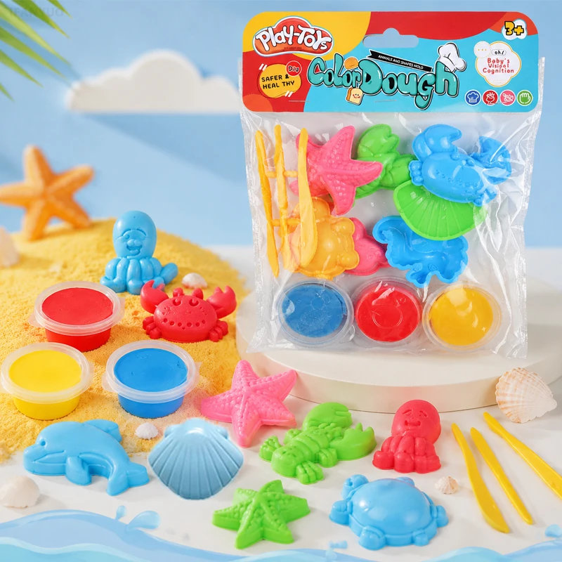 Sea Animal Play Dough Kit Kids Color Clay Crab Starfish Seashells Seahorses Dolphins Shape Molds Basic Tools Kit Fun Craft Toy