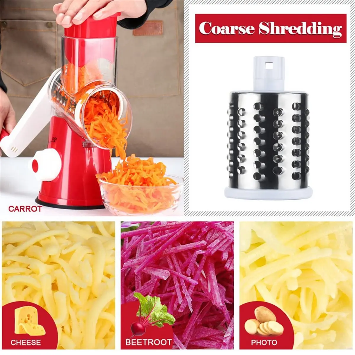 A67T NEW Rotary Cheese Grater Shredder, Speed Kitchen Manual Round Mandolin Slicer Grinder with 2 Drum Blades A
