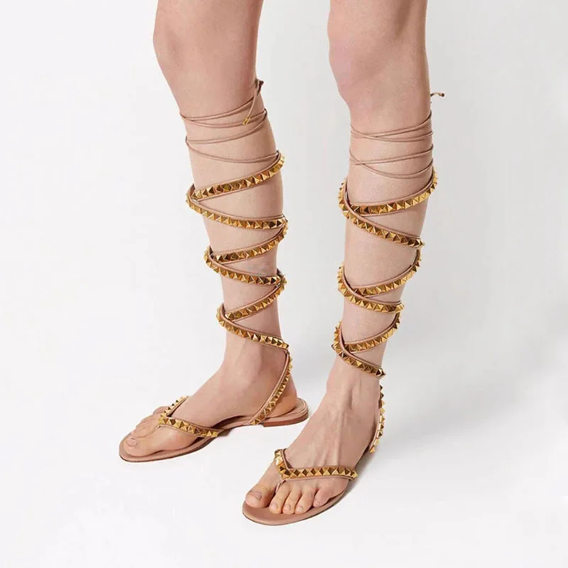 Arden Furtado Roman Style Lace Up Flat Sandals Summer Square Toe Rivet Knee High Strappy Mixed Color Open Toe Large Size Shoes
