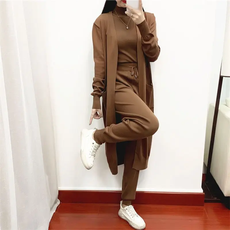 Winter Women Knitted 3 Pieces Set Casual Thicken Jacket Sweater Coat +Knitted Top +pant 3PCS Suits Warm Set 2024 E1550