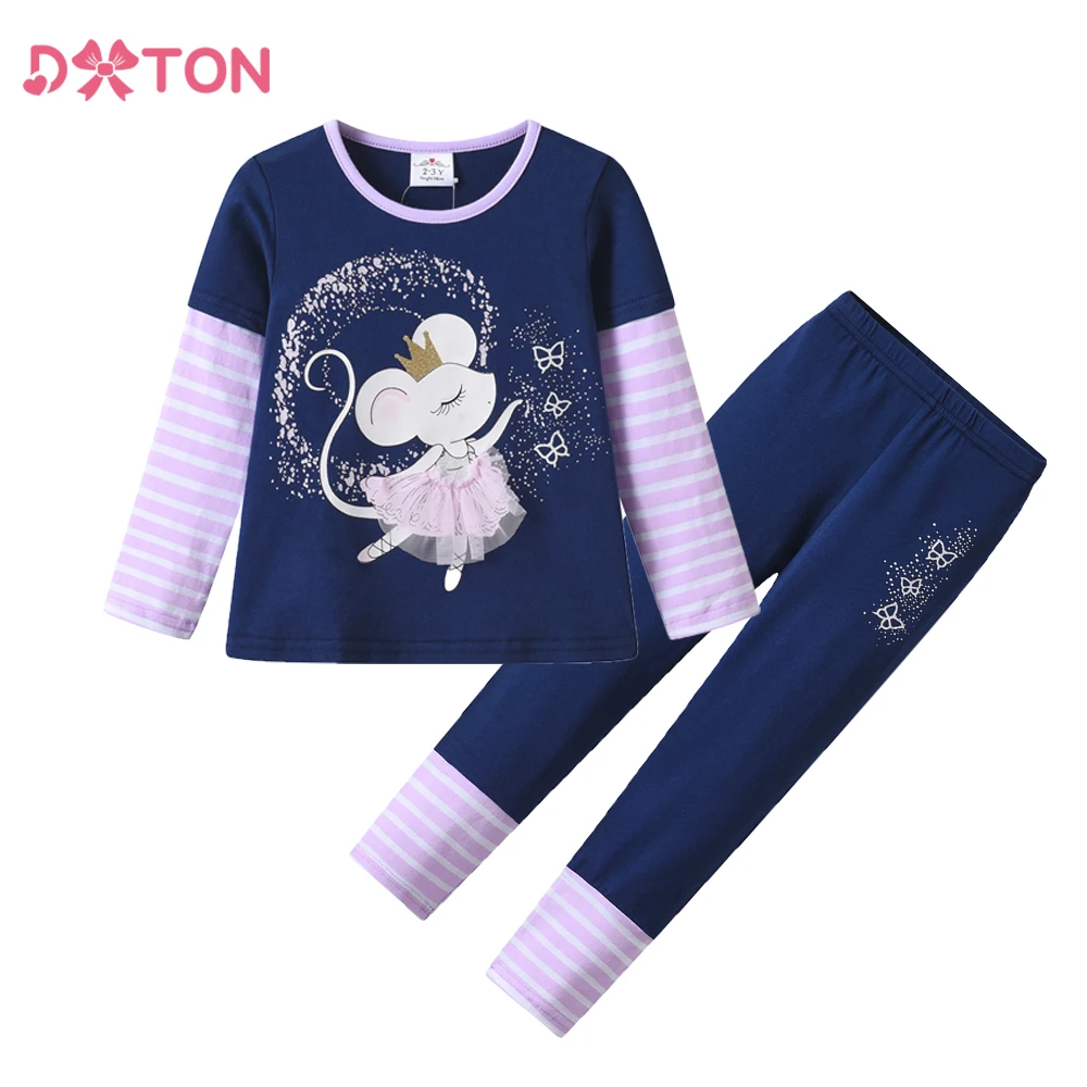 

DXTON 2pcs Girls Suits New Autumn Winter Kids Clothing Sets Striped Long Sleeve Tops+Pants Mouse Cartoon Children's Pajamas Set