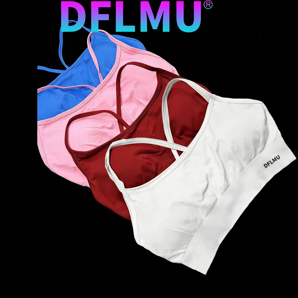 Women High Support Thin Strap Halter Sports DFLMU Bra Strappy Gym Seamless Bras Scrunch Push-up Workout Yoga Tank Tops