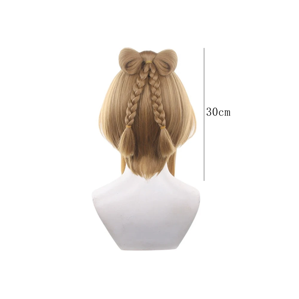 Honey Beige Short Wig with Top-Mounted Ribbon Knot and Dual Cross-Tied Strands Soft Frontal Sweep Heat Resistant