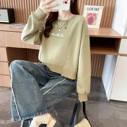 Office Lady Spring Autumn Women's Clothing Pullover Letter Round Neck Solid Color Lantern Long Sleeve Casual Loose Fashion Tops