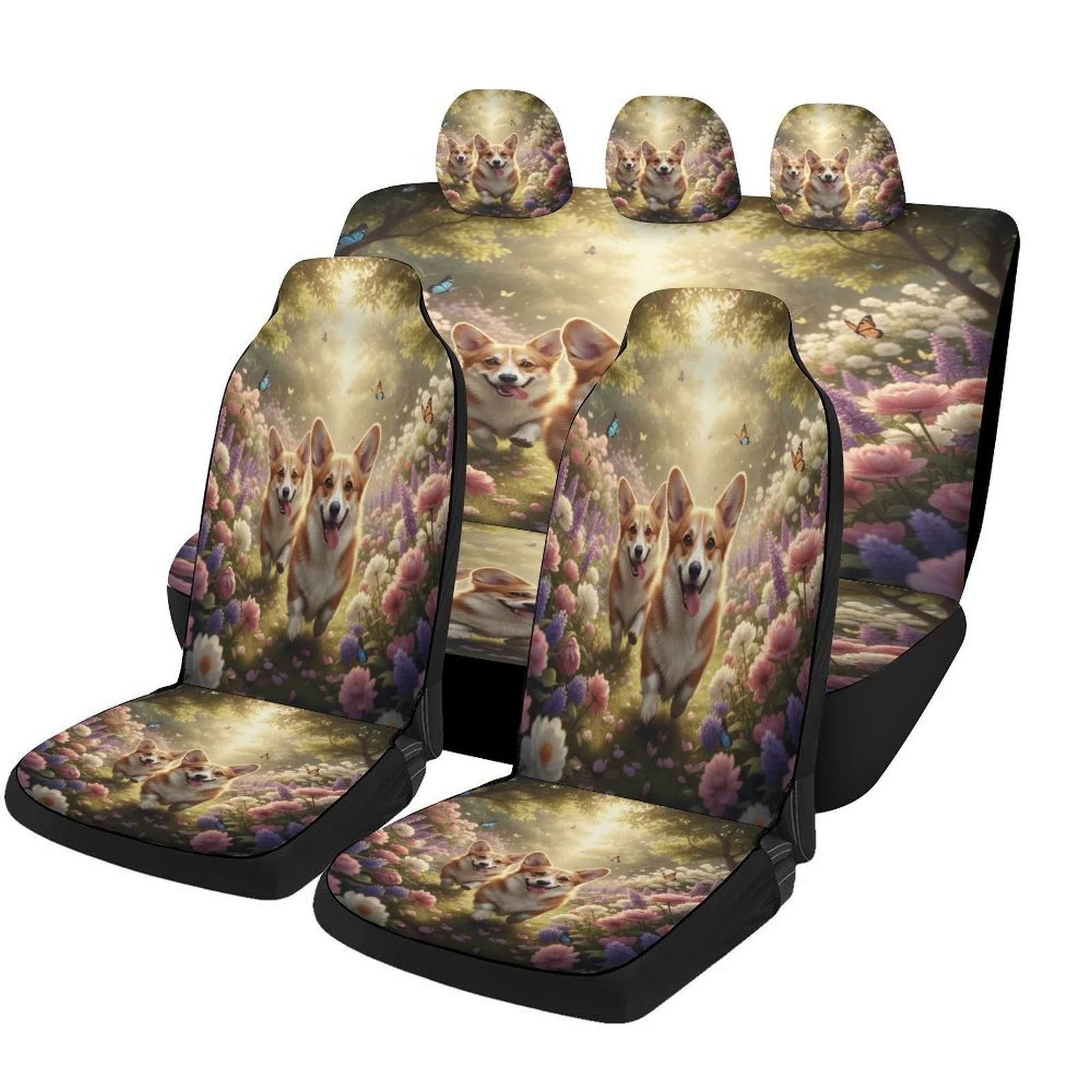 Corgi Garden Bliss Themed Car Seat Cover Set Suitable For Various Vehicles, Stylish And High-Quality Seat Protectors, Complete S