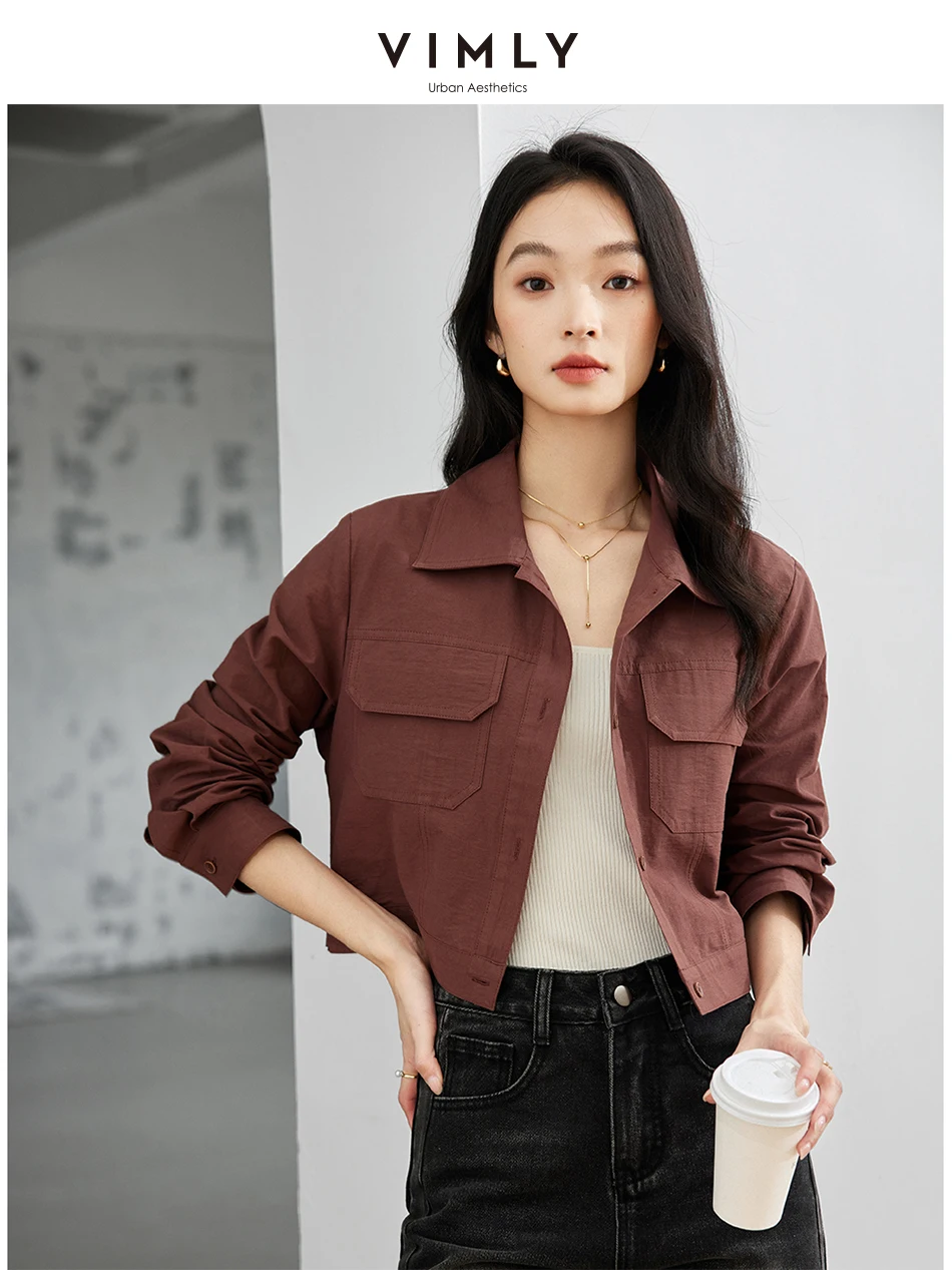 

VIMLY Women's Simple Casual Short Coat Autumn Commuter Long Sleeve Lapel Loose Jacket With Pocket Vintage Short Coats Outwear