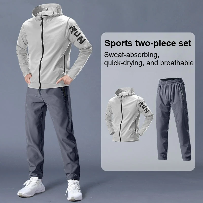 2pcs Waterproof Sports Suit Outdoor Windproof Hooded Zipper Jacket Jogging Hiking Tracksuit Set Lightweight Athletic Clothing