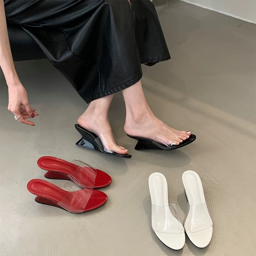 

Women's Clear Wedge Heels Sandals Round Toe Slip On Heeled Sexy Transparent Low Summer Dress Evening Party Wedding Prom Slides