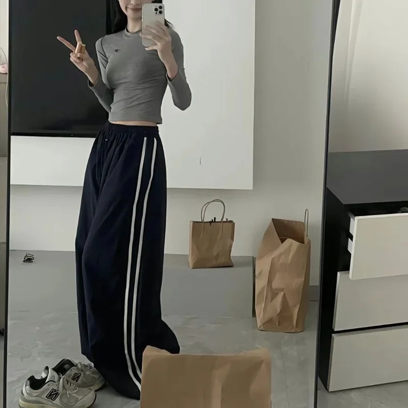 Y2k Streetwear Black Wide Leg Pant Striped Drawstring Korean Casual Baggy Sweatpants High Waist Loose Cargo Trousers For Women