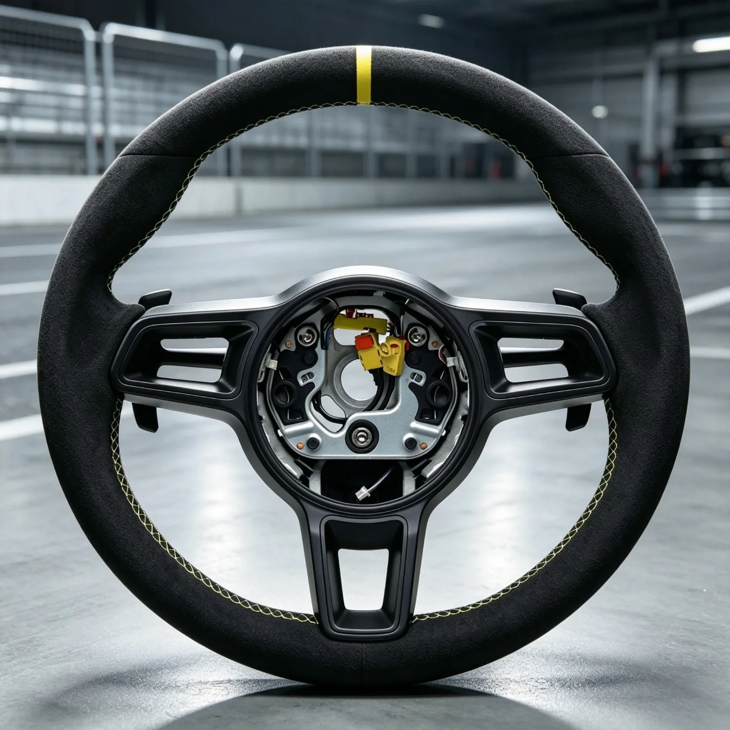 Racing Style Steering Wheel With Yellow Marker Line & Yellow Stitching For Porsche Macan Panamera Taycan Cayenne 718 Cayman Boxster 991 992 911 Upgrade Car Steering Wheel Accessories