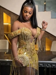 Short Golden Prom Dresses Luxury Black Girls Off Shoulder Beaded Tassel Mini Birthday Cocktail Party Gowns Homecoming Customized
