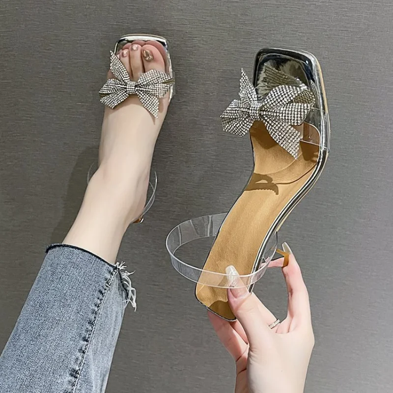 2024 Summer New Transparent PVC Fashion High with Sandals Fine with Bow Outside Wear Slippers Square Head Women Shoes