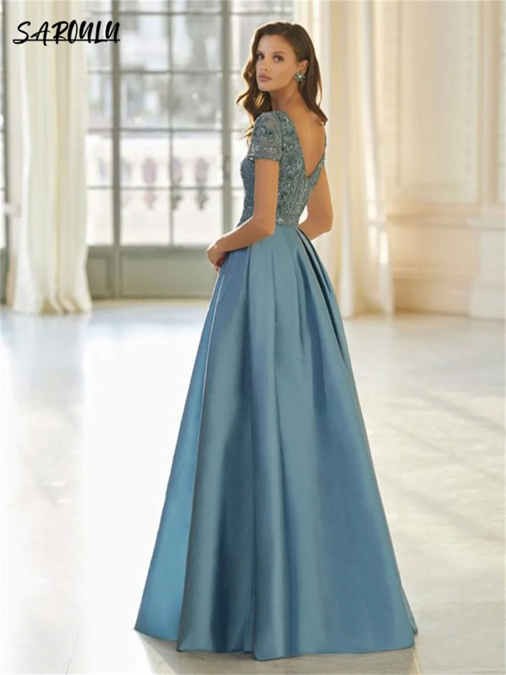 Vestido de noite boêmio Lace Appliques, Vestido O-pescoço, Elegante vestido de coquetel, Vestido romântico