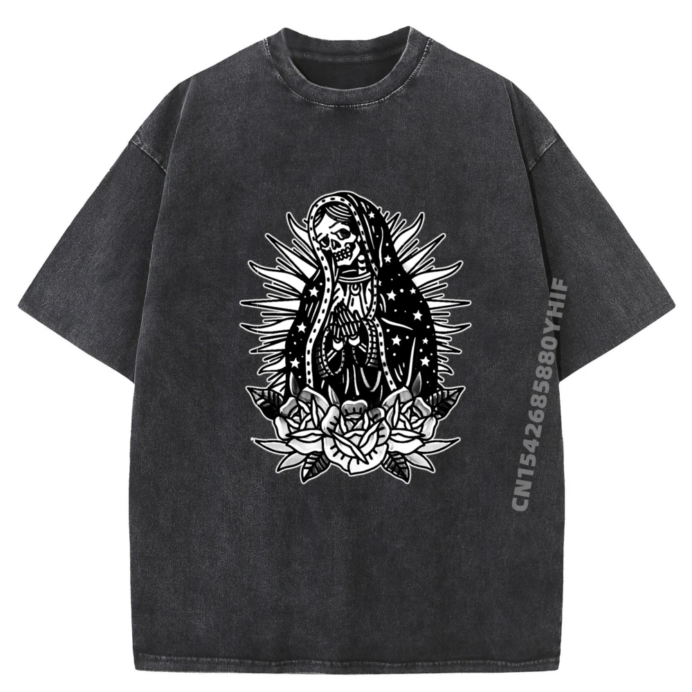 

Mens Tops Tees Graphic T-Shirt Retro Washed Clothes Skeleton Mary Chicano X Roses Mens Tshirts Casual Printed Tops Newest