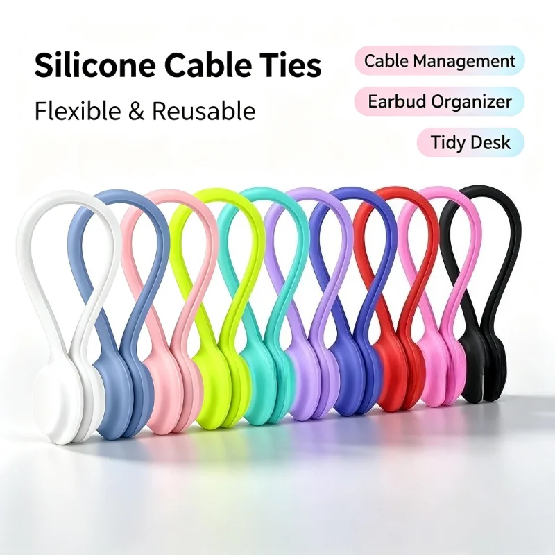 Magnetic Silicone Cord Wraps Reusable Cable Stand Colorful Elastic Wire Ties for Headphone Data Cable Desk Organization Bundling