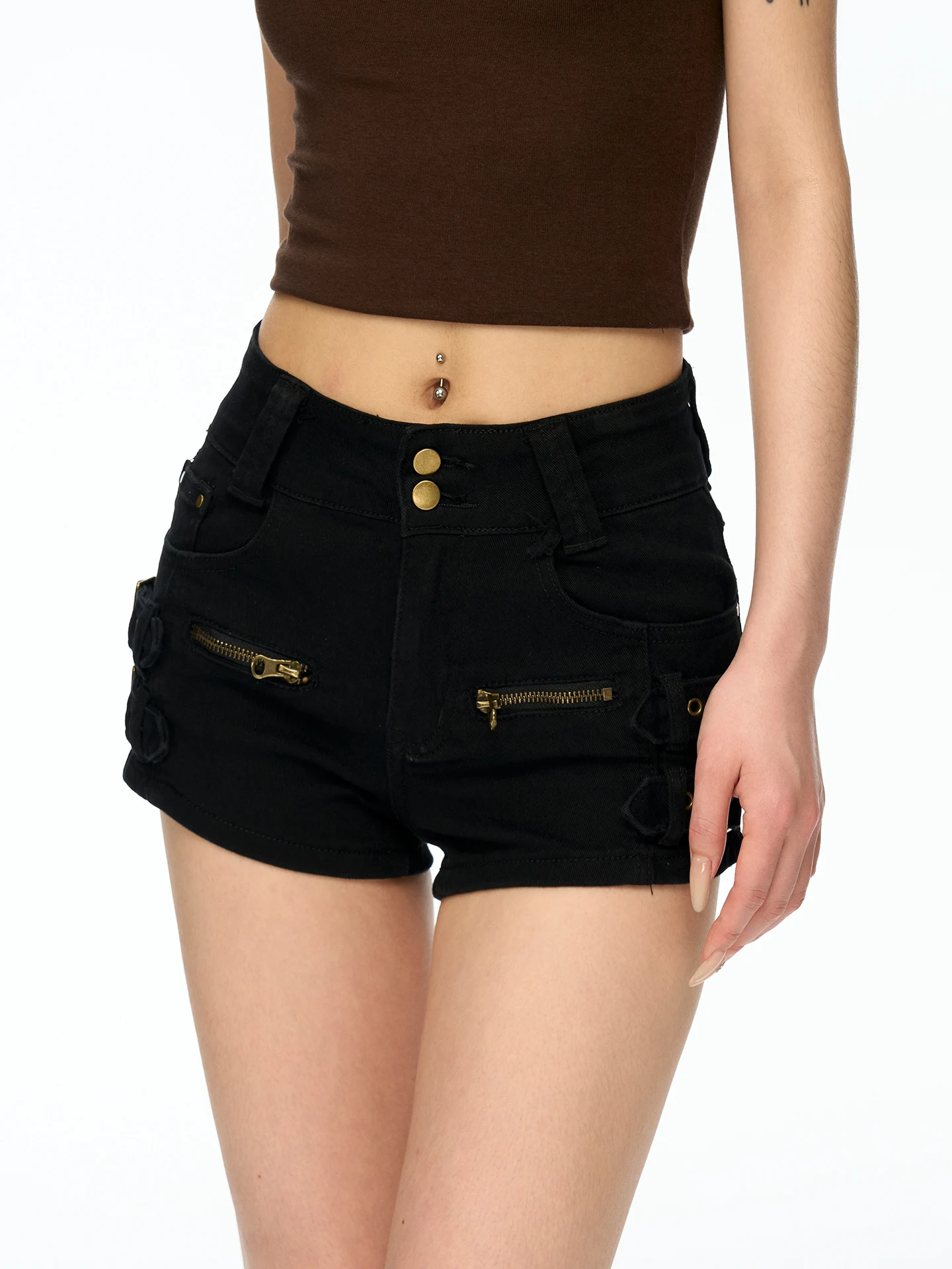 Aaisup Sexy Tight Denim Shorts for Women Summer 2026 Low Waist Cotton Zipper Closure Black Metal Buckle Hot Pants