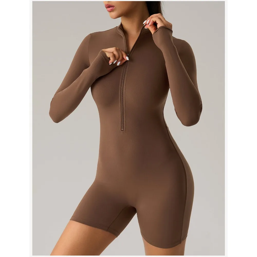 

European and American Long-sleeved Zipper Jumpsuit Buttock Lifting Fitness Shorts One-piece Sports Yoga Suit for Women