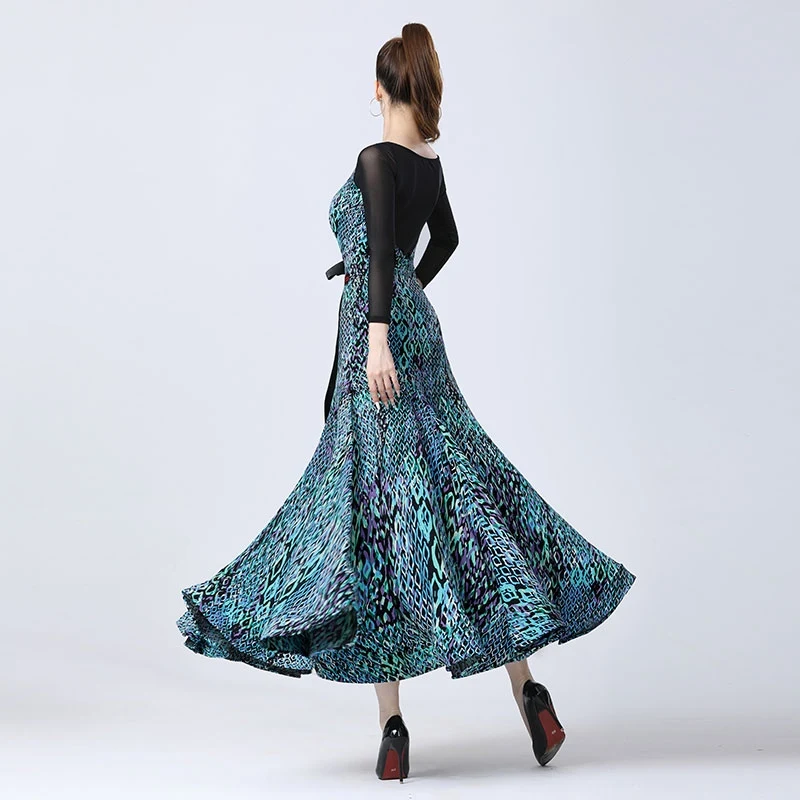 2025 New Ballroom Dance Costumes Competition Dress Modern Dance Women Print Mesh Dress National Standard Dance Clothes DN20995