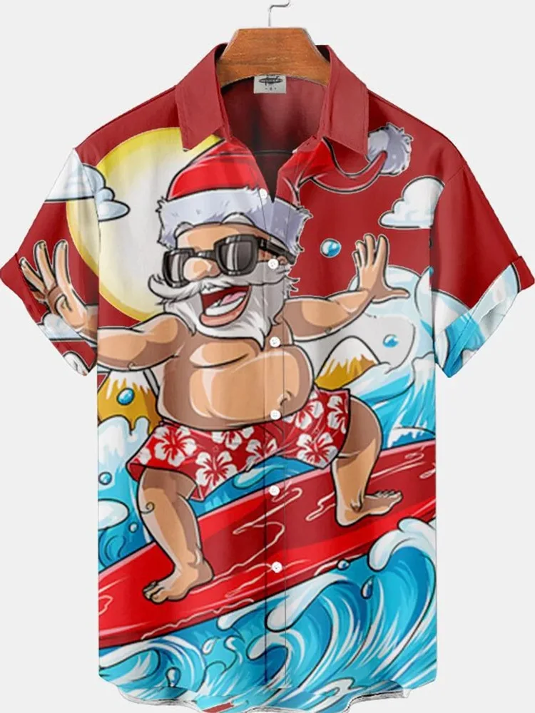 

2024 Christmas Graphic Santa Claus Men's Shirts Hawaiian Harajuku Tops Short Print Tee Lapel Fashion Holiday Oversized Clothes