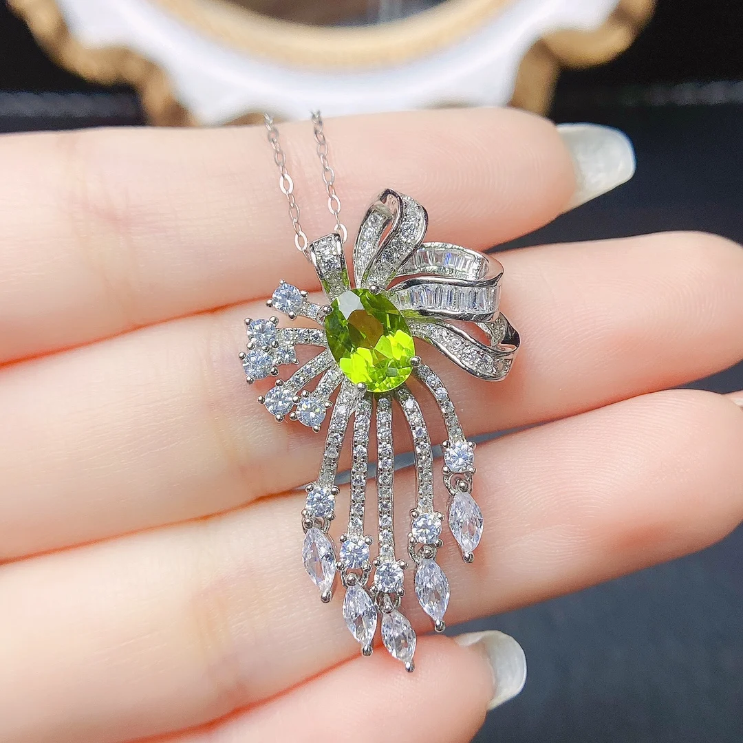 

FS S925 Sterling Silver 6*8 Natural Olivine Pendant Necklace With Certificate Fine Charm Wedding Jewelry for Women MeiBaPJ