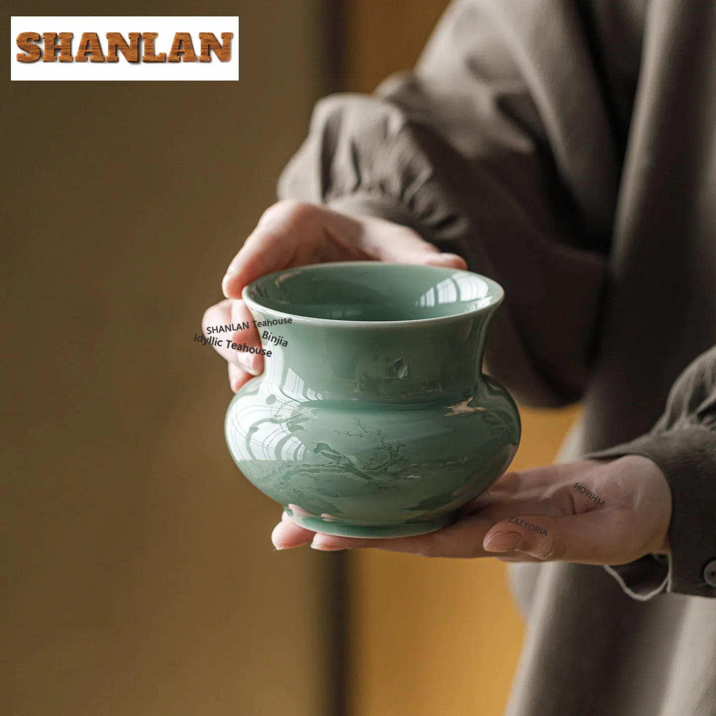 Yue Kiln Celadon Shadow Jianshui Tea Cup Wash Writing-brush Washer Tea Garbage Can Household Chaxi Chinese Tea Set Craft Gifts