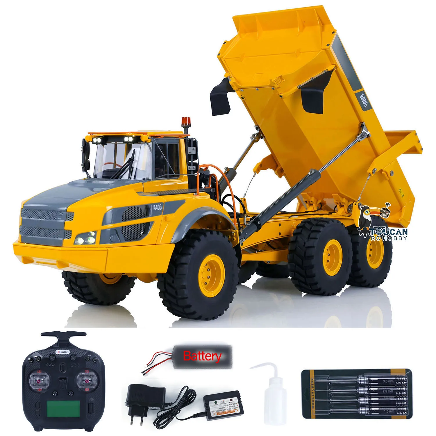 

RTR 1/16 A40G RC Hydraulic Articulated Truck Light Sound Double E Toy Metal Radio Control Dumper Truck Car Tipper Gift TH23143