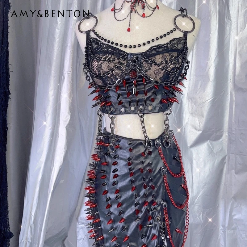 

Оригинальный дизайн, кружевная ажурная юбка Y2K для горячих девушек, женский слинг, европейско-американский сексуальный комплект в стиле панк с металлической цепочкой на бедрах, женский комплект