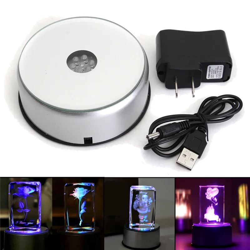 3D Laser Crystal Display Crafts Lamp Base Stand Unique Rotating 7 LED Night Light With Adapter 110V-220V