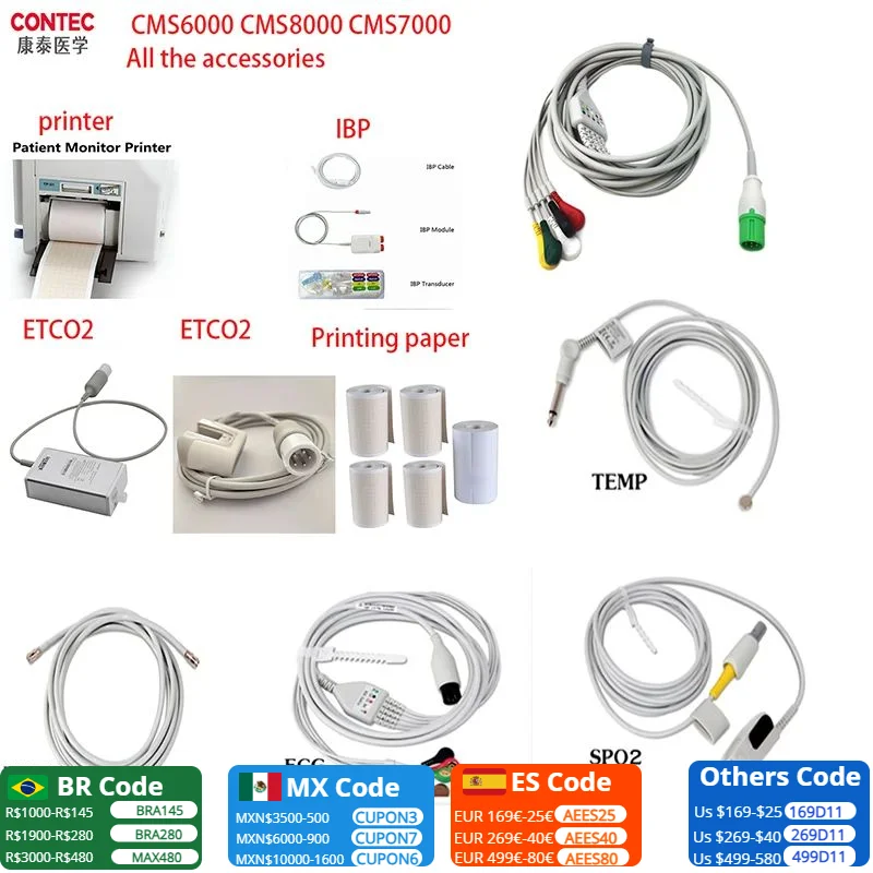 

CONTEC CMS8000\CMS6000\CMS5100\TS1 Patient Monitor ECG cable SPO2 probe NIBP TUBE RESP TEMP ETCO2 IBP Printer POWER CABLE