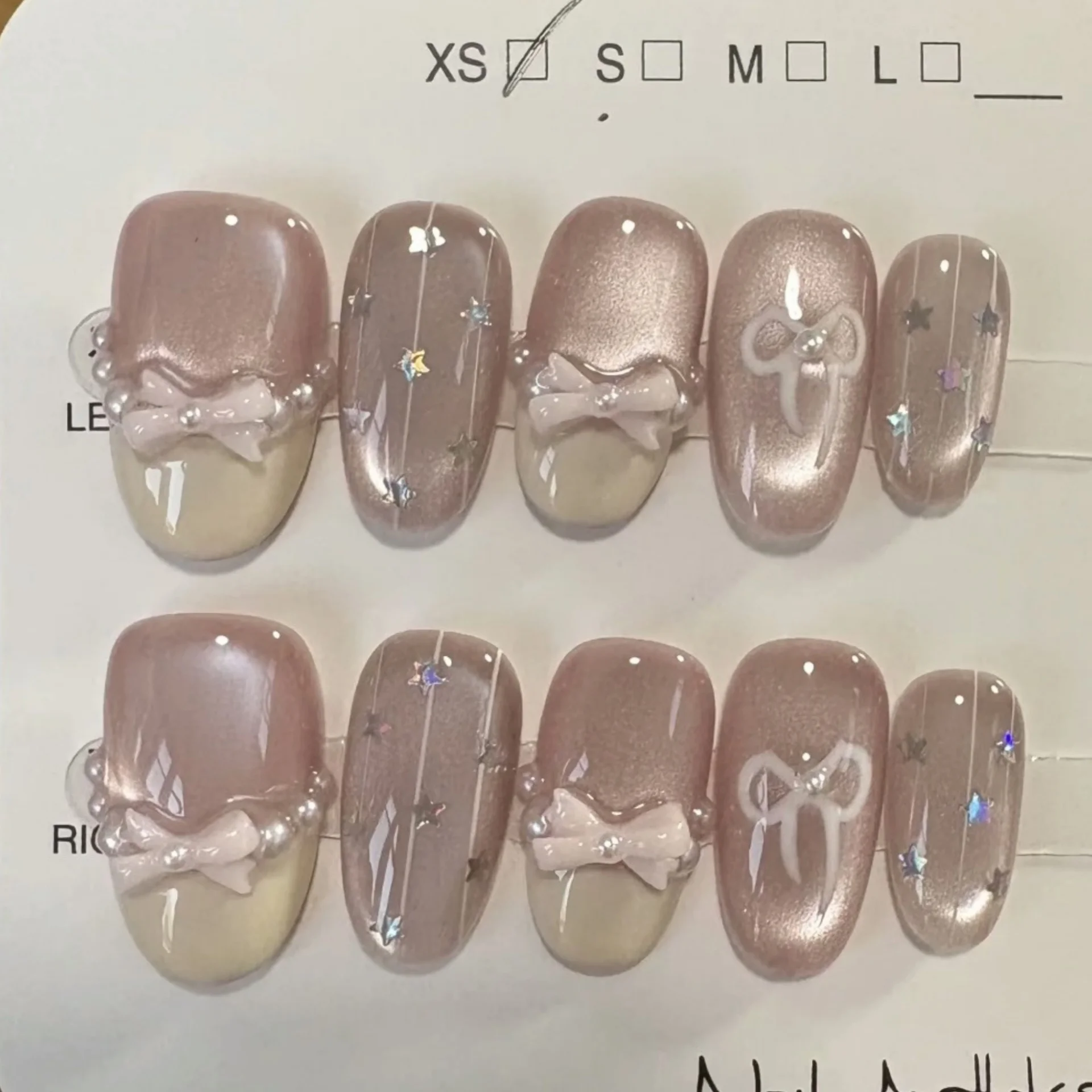 

10 шт. простых накладных ногтей ручной работы с эффектом кошачьего глаза, французские короткие овальные накладные ногти для женщин и девушек с дизайном банта и звезд, накладные ногти на клейкой основе