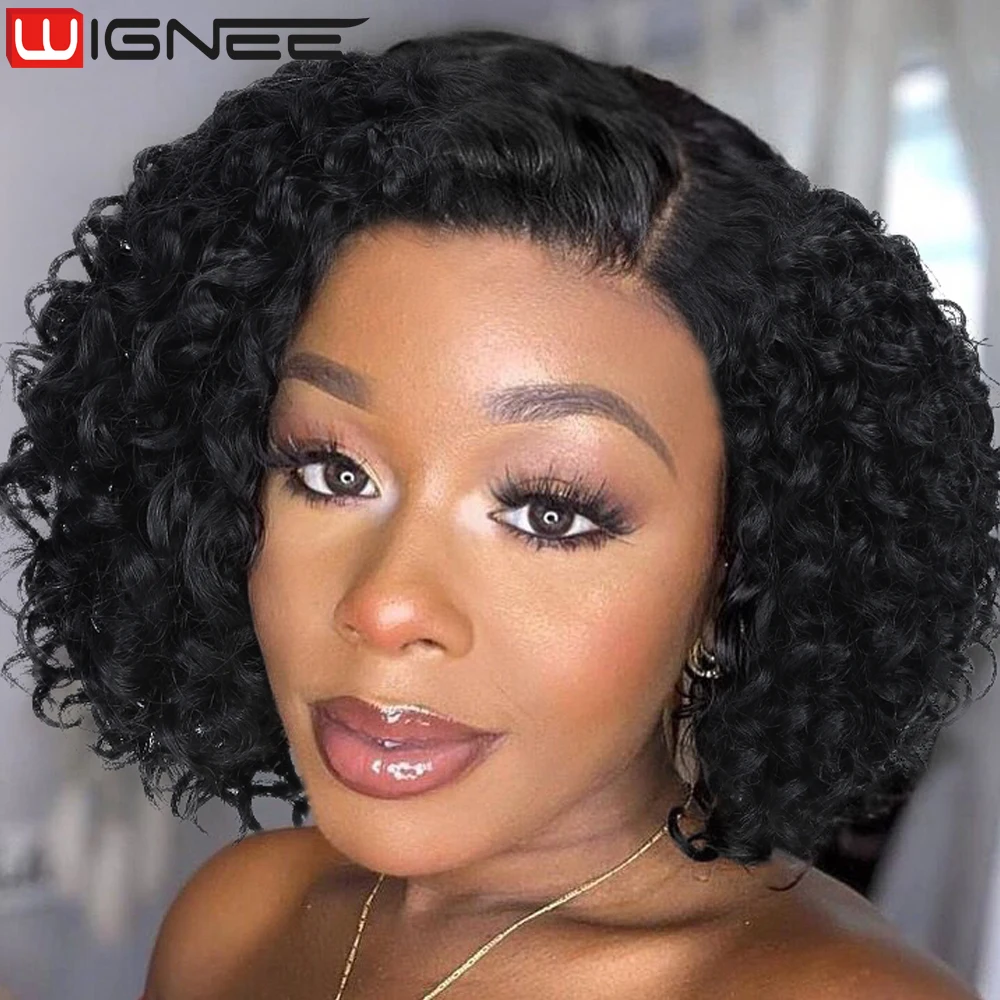 WIGNEE Peruca Curta Perucas Curtas Cabelo Sintético Peruca Preto Curly Side Part Perucas On Sale Peruca sintética Peruca de cabelo para mulheres