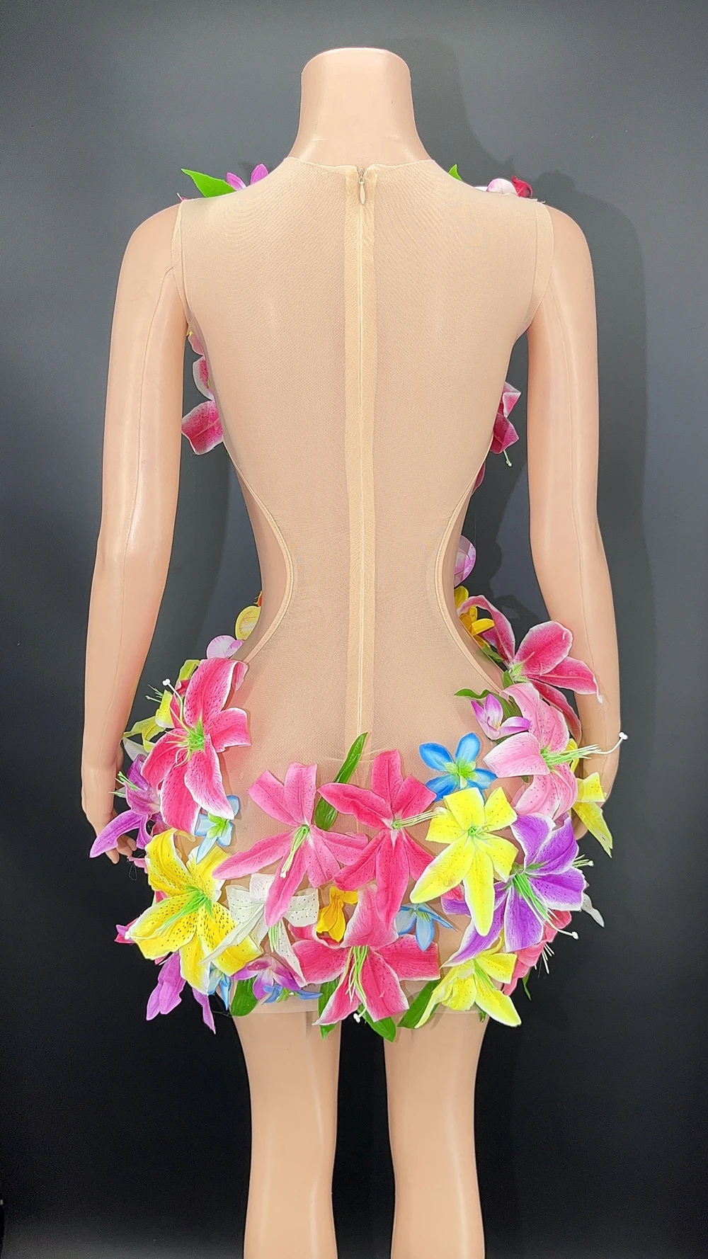 Vestido de flores transparentes de malla desnuda para mujer, traje Sexy para actuación en club nocturno, espectáculo, ropa de escenario, vestido de cumpleaños para mujer, nuevo