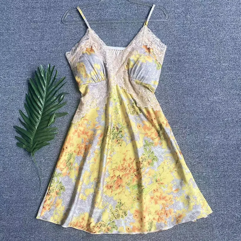 

Lace Print Nightgown Nighties Summer Women Sleepwear Nighty Gown Sexy Suspender Nightdress Silky Satin Sleep Dress Homewear