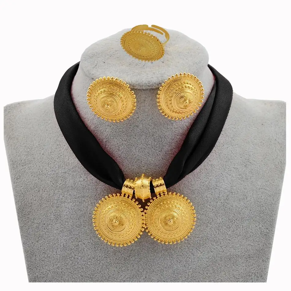 Ethiopia Mature Women's Gold Plated Necklace Jewelry Set African Ethnic Pendant Earrings Wedding Party Christmas Gift