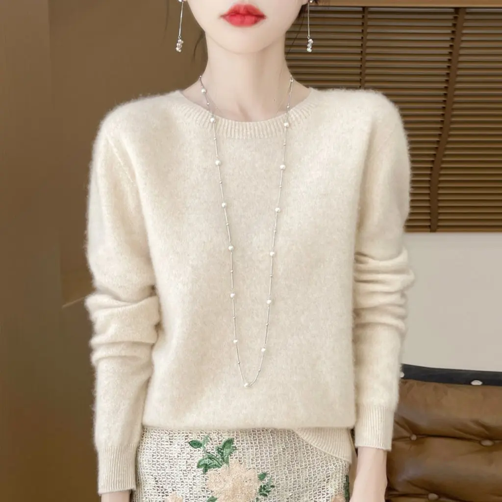 

Women's Soft Waxy Wool Sweater 100% Pure Wool Loose Fit Long Sleeve round Neck Knitted Base Shirt for Autumn Winter